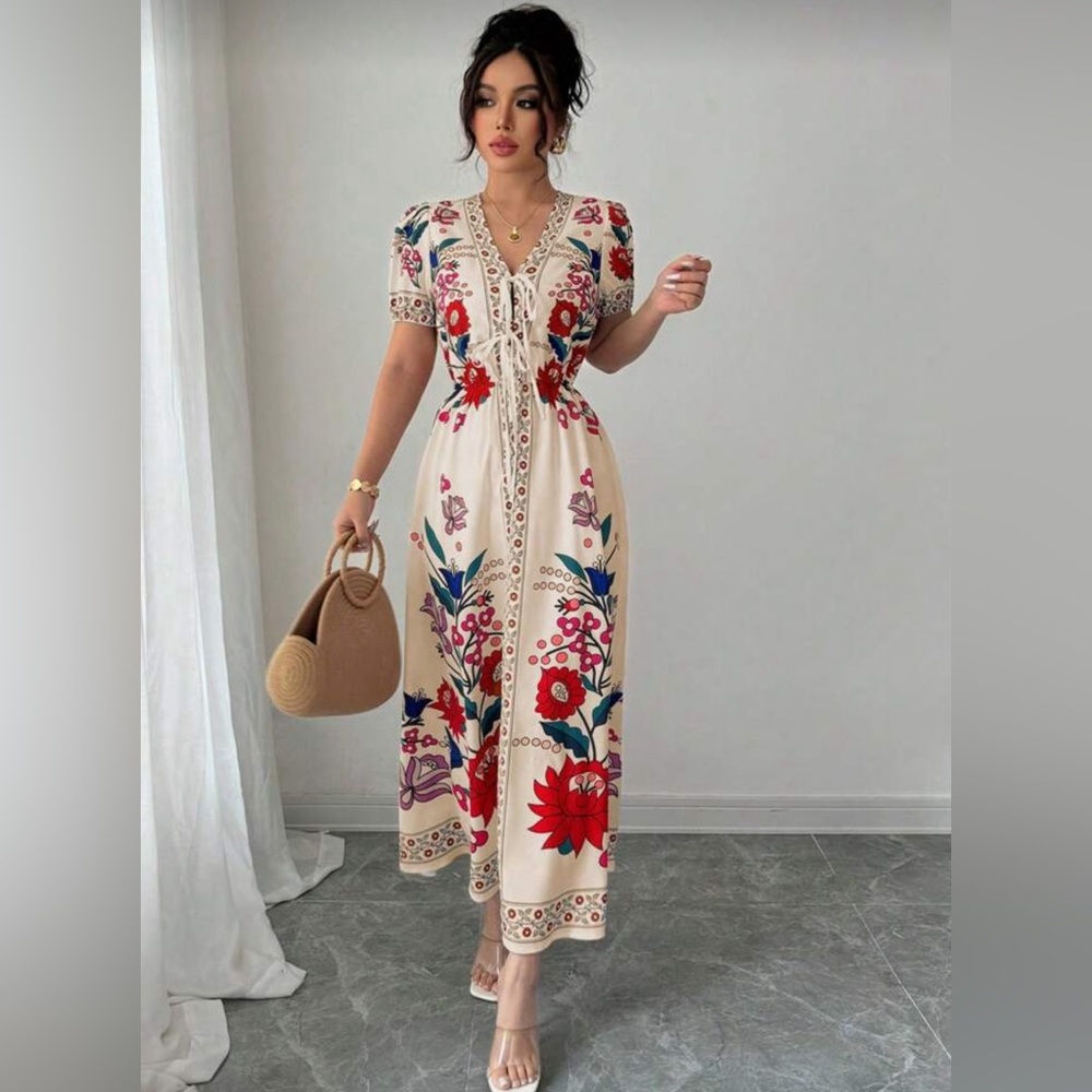 Floral Embroidered Maxi Dress - Cream and Red